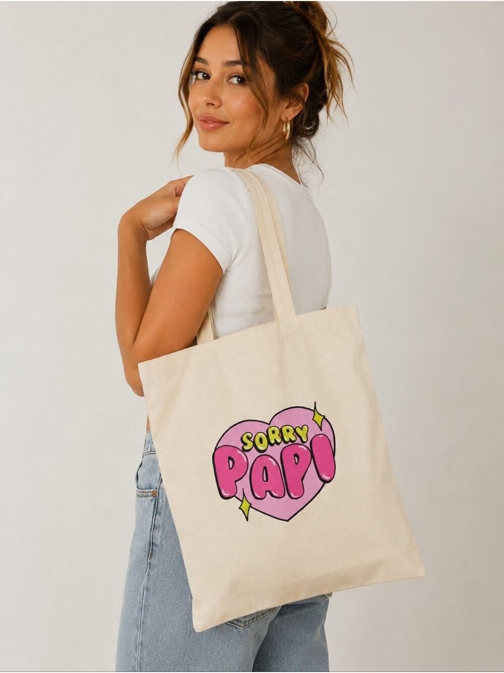 Sorry Papi Canvas Tote Bag Graphic Heart Cotton Shopper Y2K Aesthetic Bag